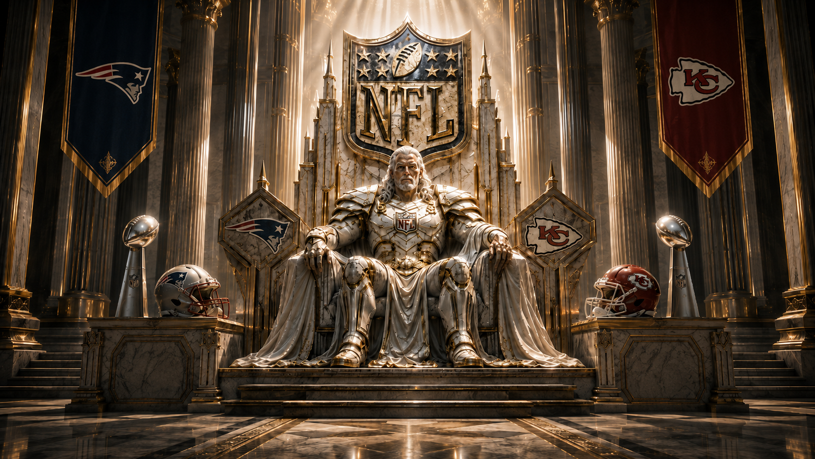 God of the Favored presiding over a football game